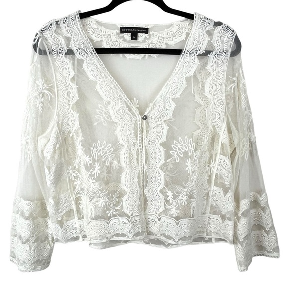 Chris McLaughlin Mesh Embroidered Lace Cream Topper Shrug Sz. Medium Cottagecore - Picture 1 of 12